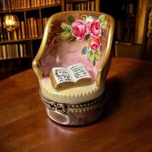 Authentic Limoges Cozy Reading Chair Trinket Box,Ring Box, Pillbox Floral Music